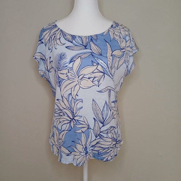 Halston Gardengirl 100% Linen Slub Floral T-Shirt Blue Size Large - Picture 1 of 4